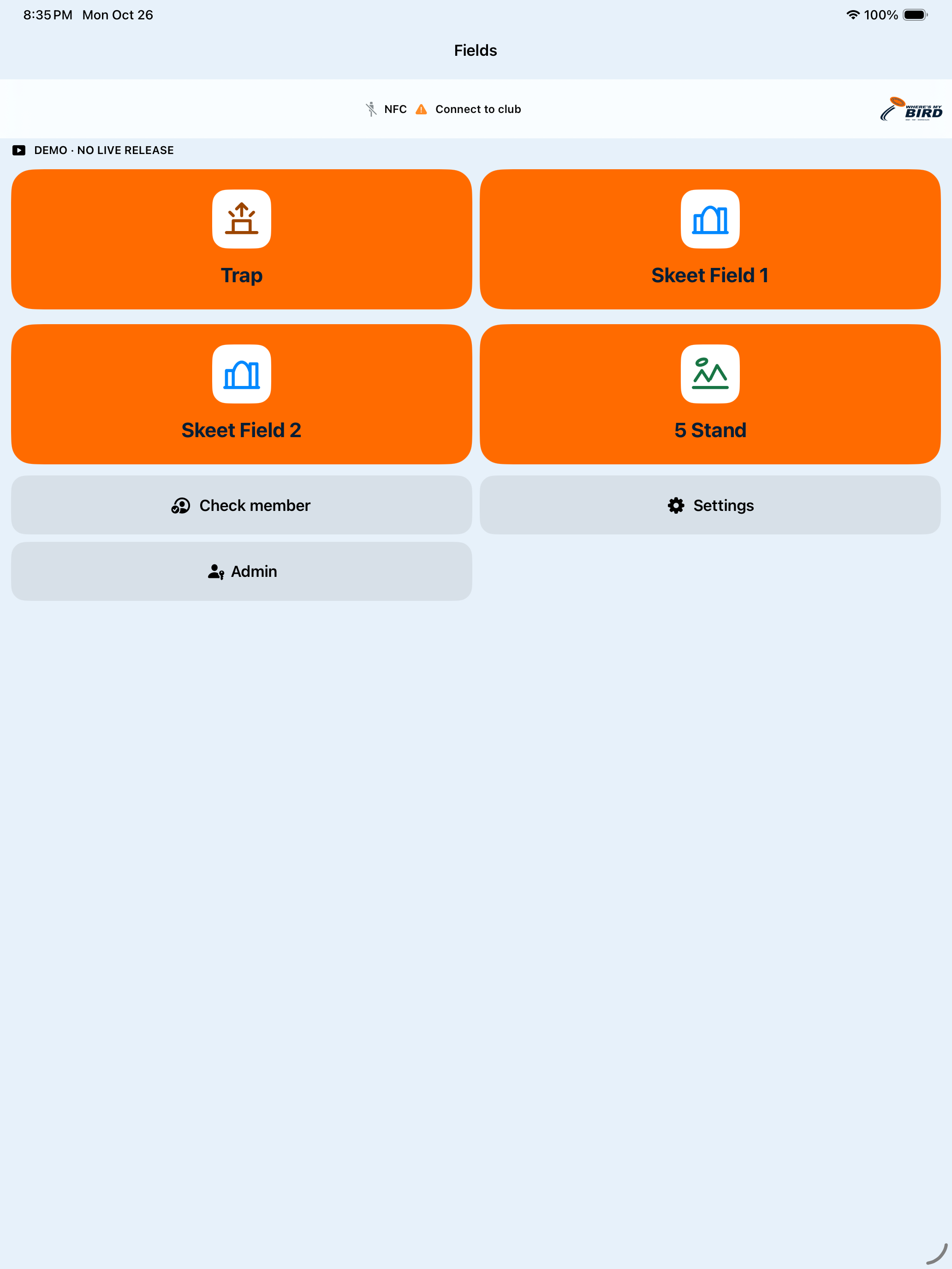 Actual Where’s My Bird Club iPad demo screen showing field selection for Trap, two Skeet fields and Five Stand, with a visible no-live-release badge