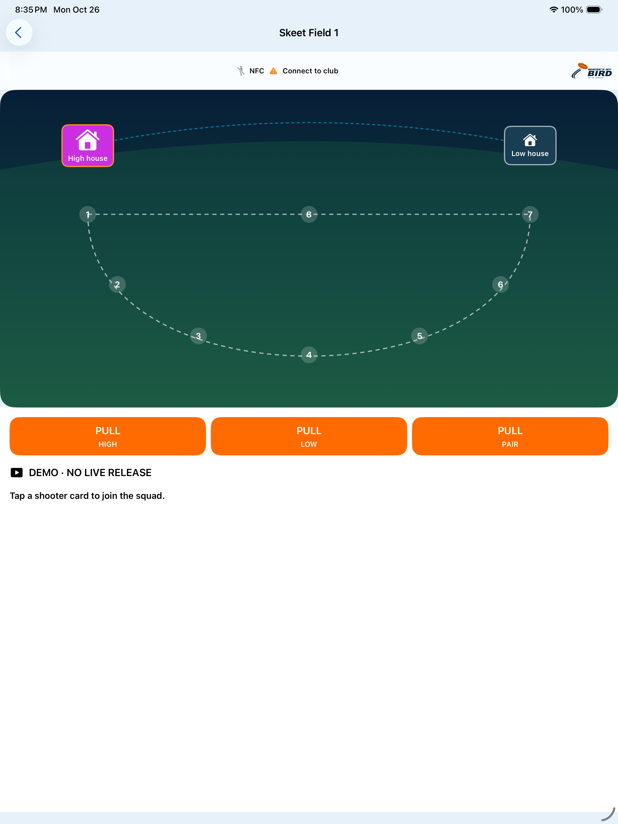 Actual Club iPad demo Skeet field view with station diagram and visible no-live-release badge