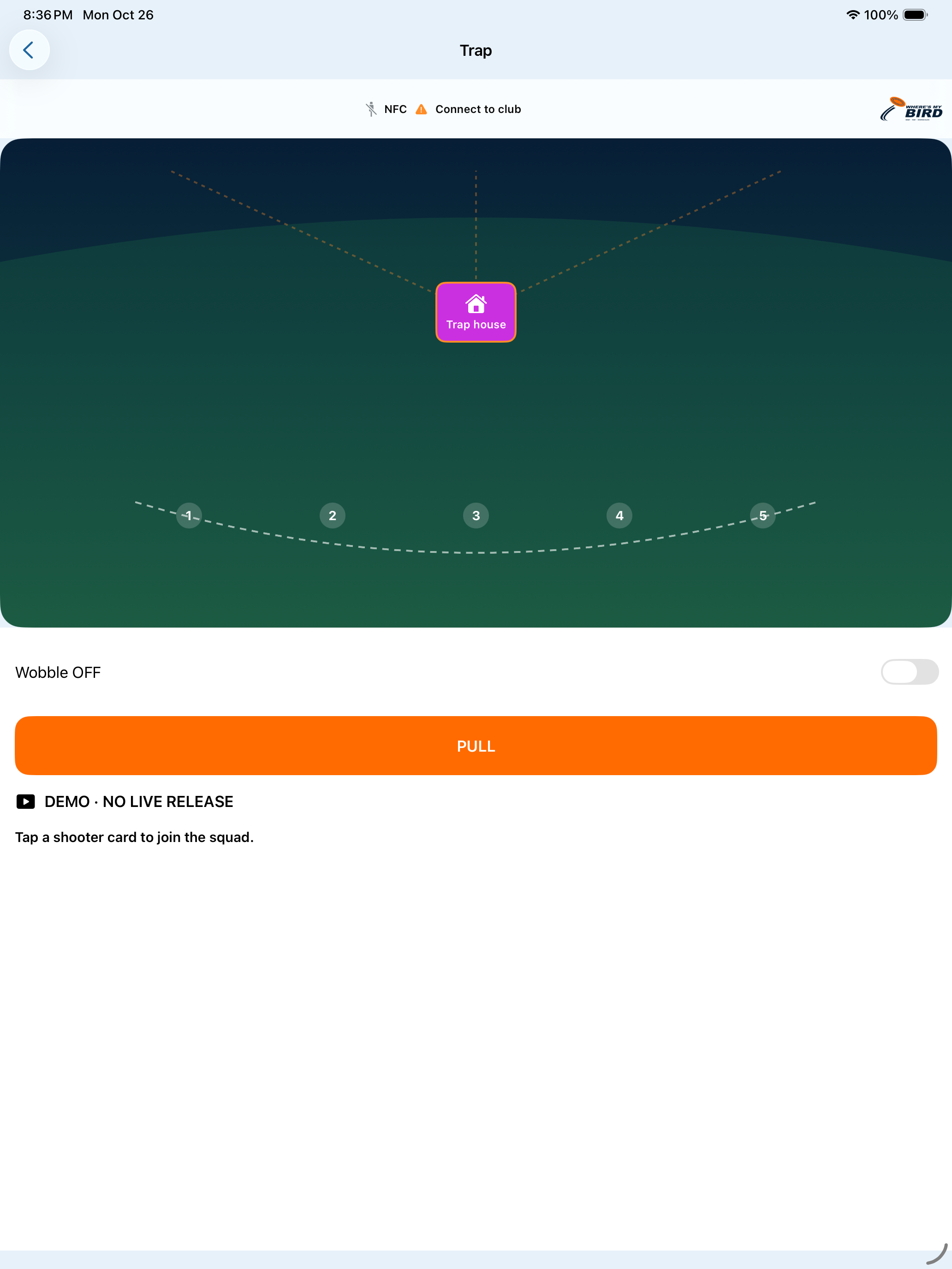 Actual Club iPad demo Trap field view with station diagram and visible no-live-release badge
