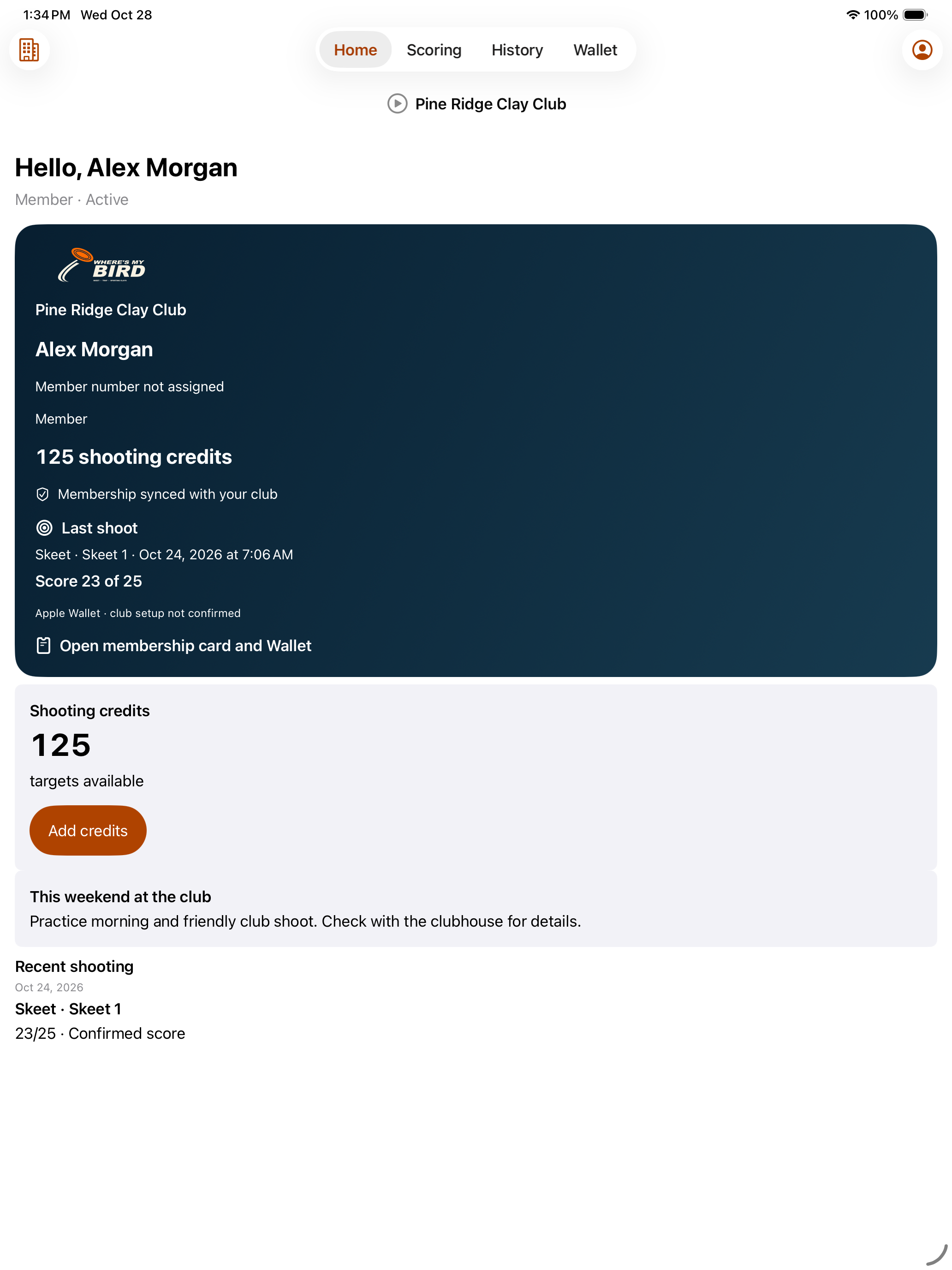 Actual Member iPad QA preview using fictional Alex Morgan and Pine Ridge Clay Club data, showing membership and shooting activity