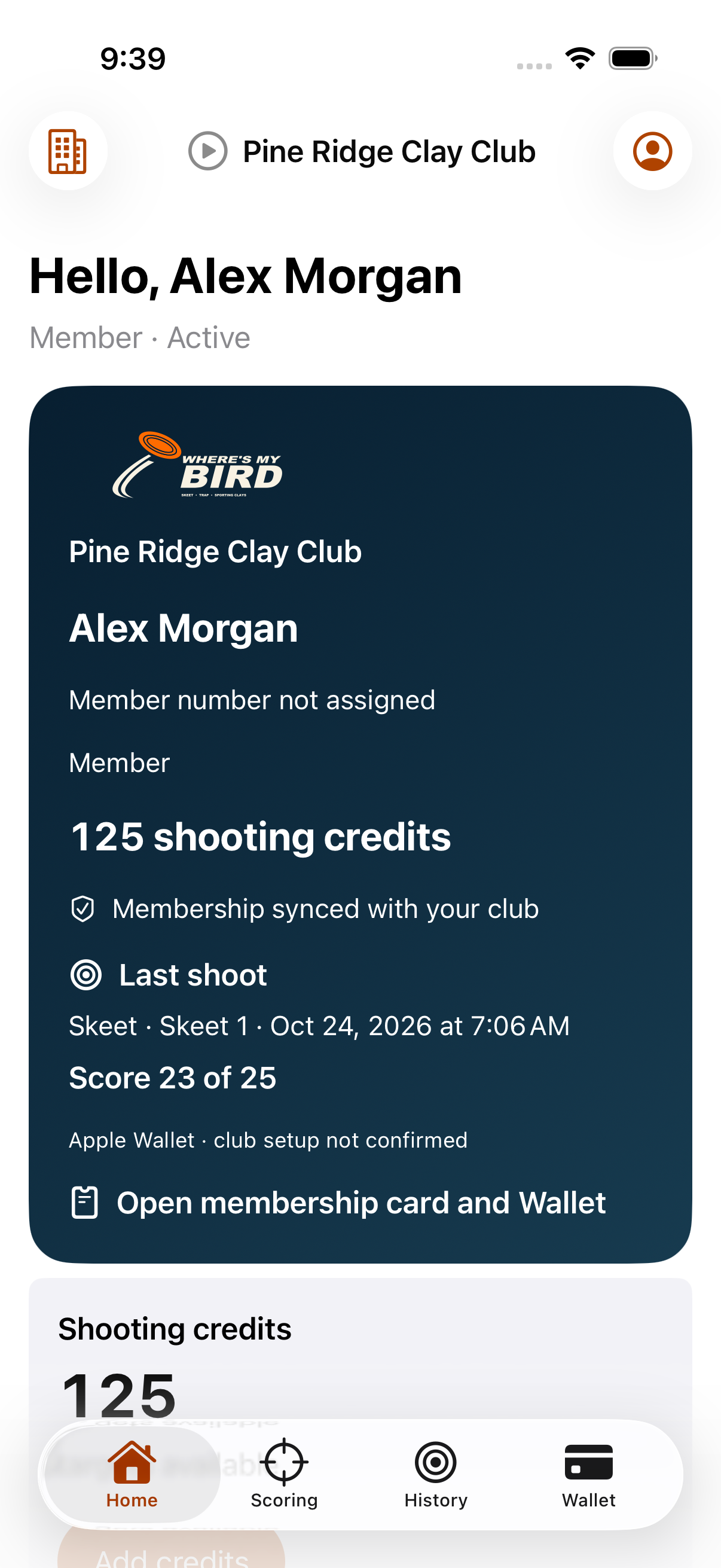Member iPhone private QA preview using fictional club membership data; the Wallet setup is visibly unconfirmed