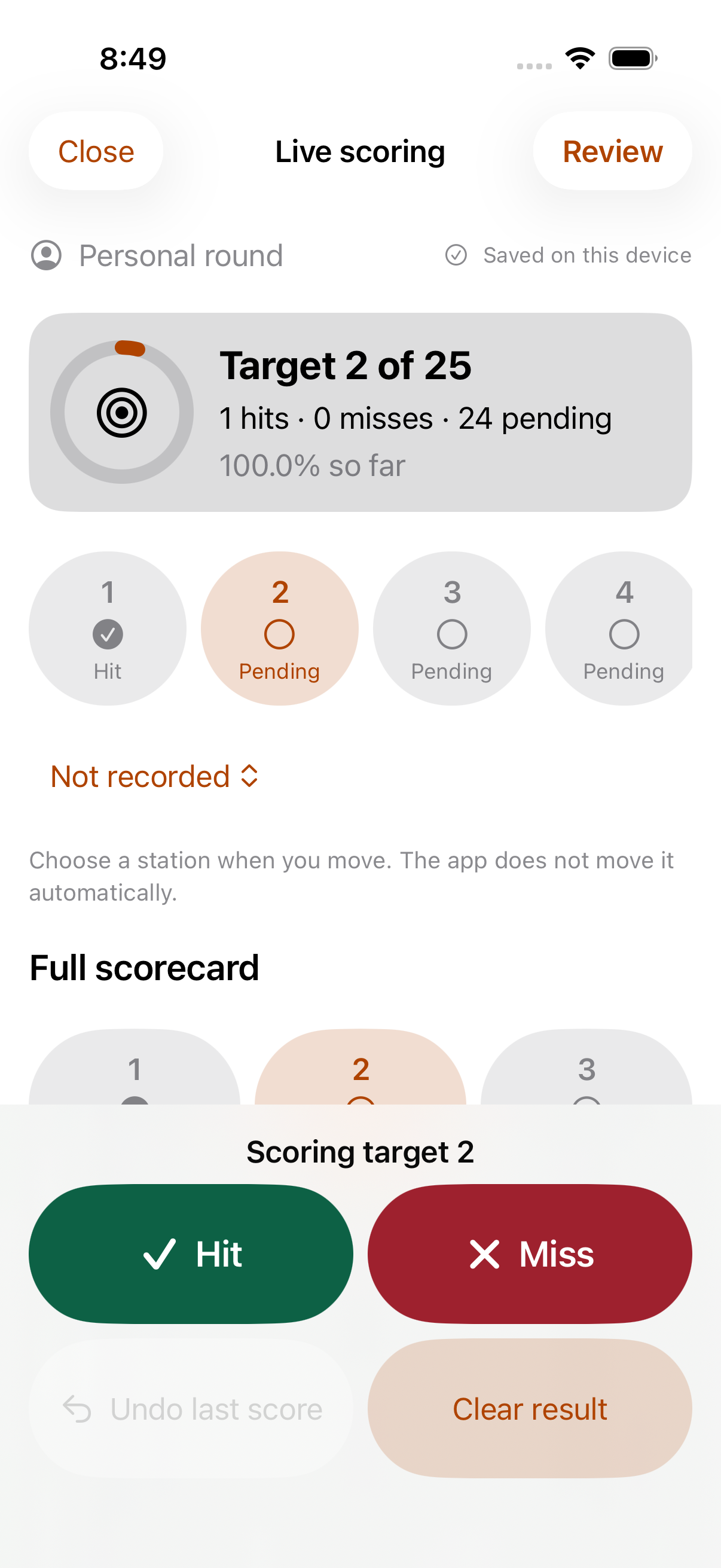 Member iPhone personal practice scoring QA preview showing a Hit and Miss scorecard saved on the device; no physical target control